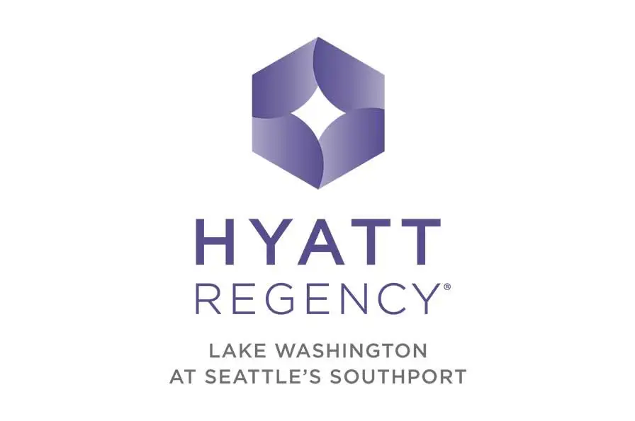 Hyatt Regency Lake Washington logo features a purple geometric emblem above the text HYATT REGENCY with LAKE WASHINGTON AT SEATTLE'S SOUTHPORT below in gray letters.