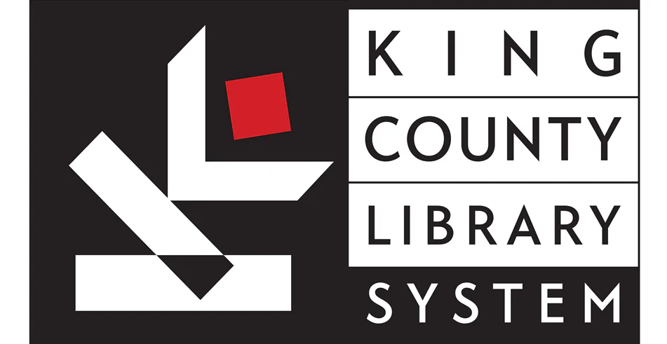 Logo for King County Library System. Features abstract white shapes forming a stylized K with a red square on a black background, with the text King County Library System.