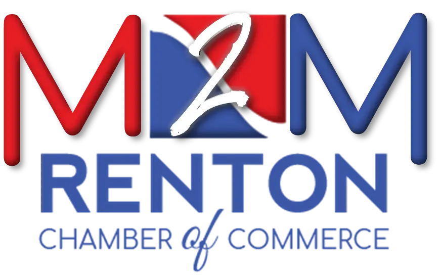 Logo for Renton Chamber of Commerce in red, white, and blue. Features M2M at the top with a diagonal design. Text reads Renton Chamber of Commerce beneath.