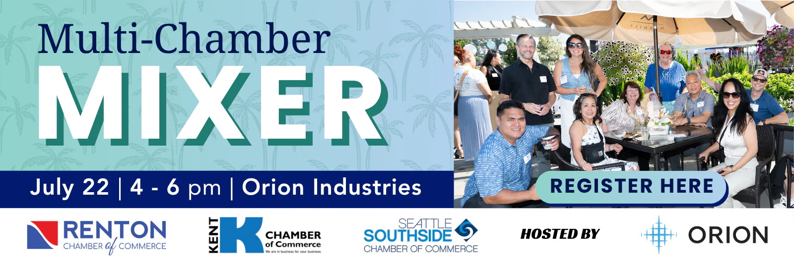Promotional banner for Multi-Chamber Mixer showing people at an outdoor table, event date/time, Register Here button and chamber logos