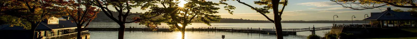 Sunset over a calm lake with a wooden pier, surrounded by trees with autumn foliage and a gazebo on the right. Sunlight filters through leaves, creating a serene atmosphere.