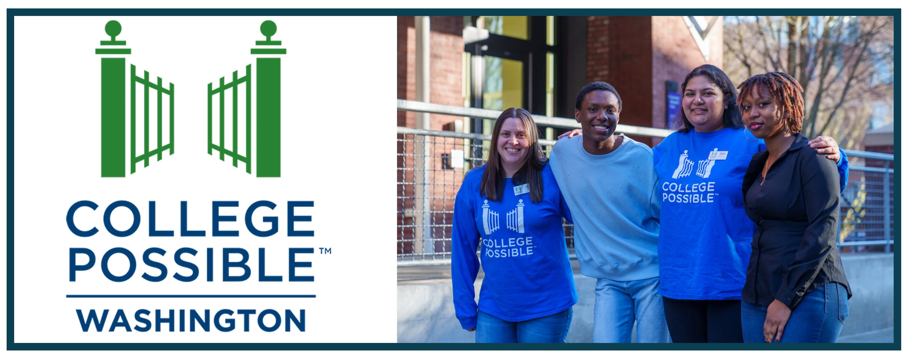 Four smiling adults stand arm in arm by a campus railing; three wear blue College Possible Washington shirts; left side shows the College Possible Washington logo.