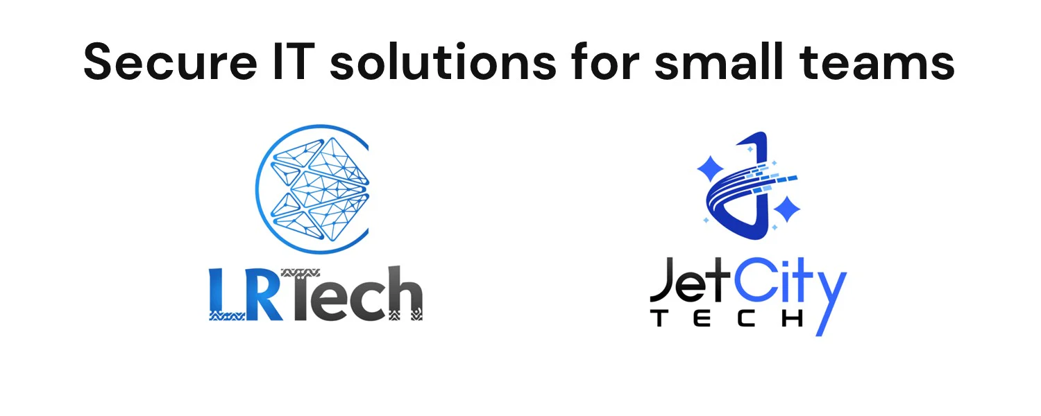 Banner reading Secure IT solutions for small teams with two company logos: IRTech logo with geometric network globe and JetCity Tech logo with stylized J and sparkles.