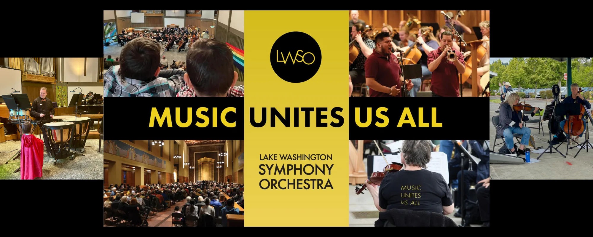 Collage of orchestra photos with central yellow panel reading 'MUSIC UNITES US ALL' and LWSO logo