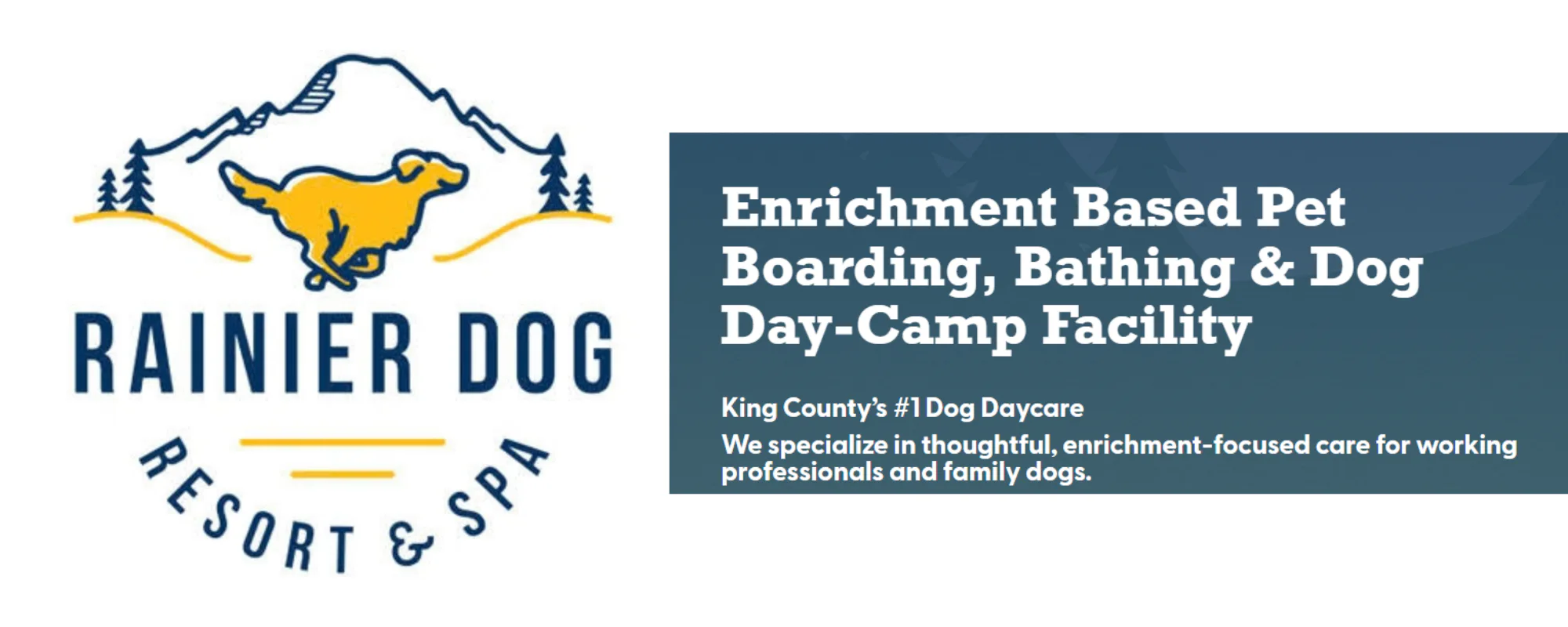 Rainier Dog Resort & Spa logo with yellow dog, mountain outline, and text about enrichment-based boarding and daycare.