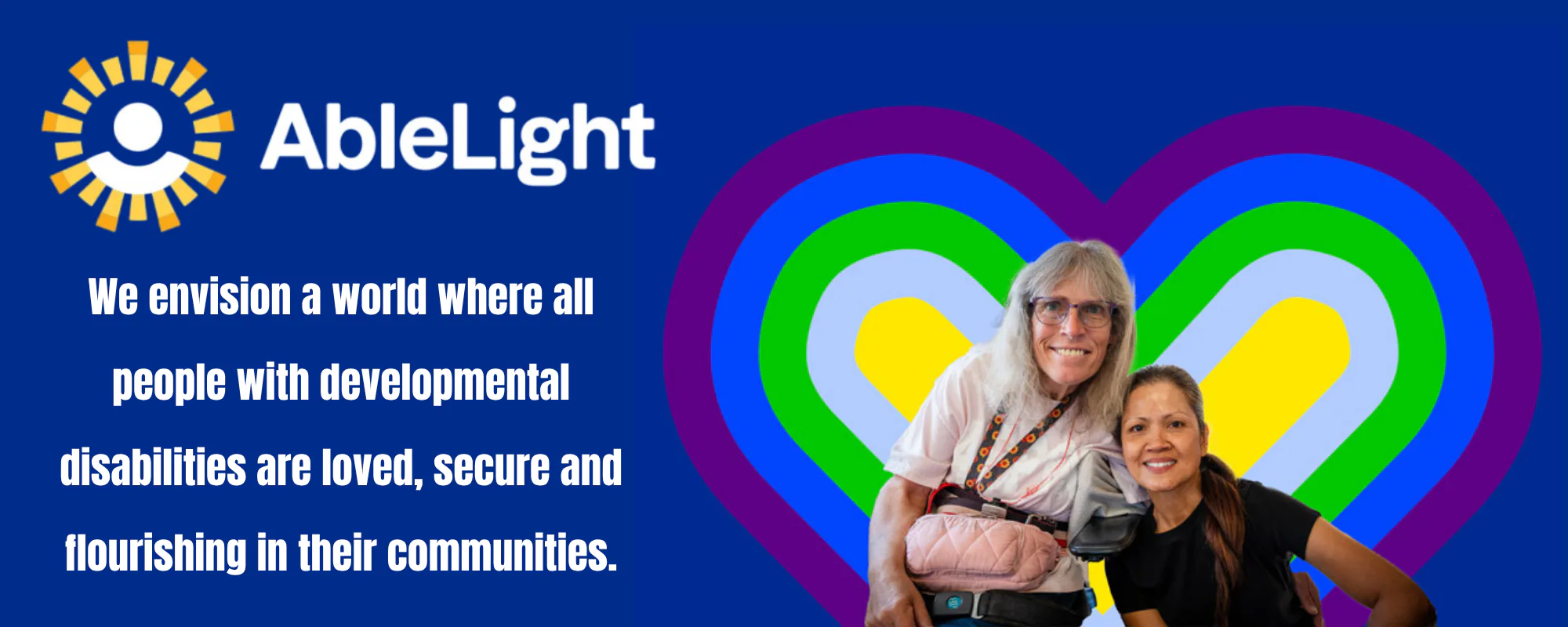 AbleLight logo and mission text on blue banner with colorful heart and two smiling people, one using a mobility aid