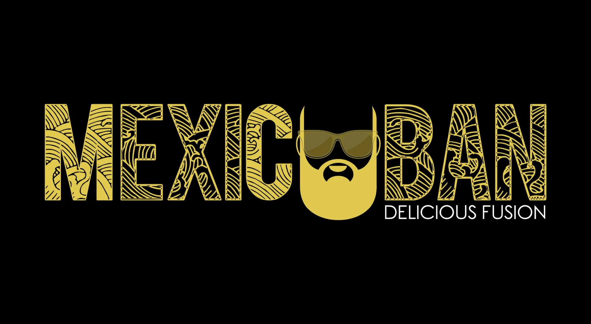 Logo for Mexicobarn Delicious Fusion: patterned yellow block letters on black with a stylized bearded face wearing sunglasses forming the O