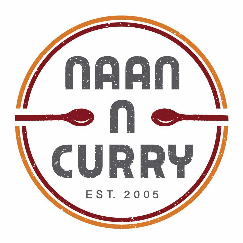 Circular orange and red double-ring logo with distressed gray text Naan N Curry, two red spoons forming horizontal bars, and Est. 2005 at bottom.