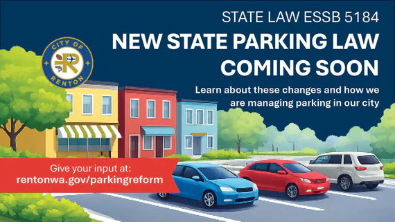 Illustration of parked cars in front of colorful buildings with Renton city seal and text New State Parking Law coming soon; visit rentonwa.gov/parkingreform