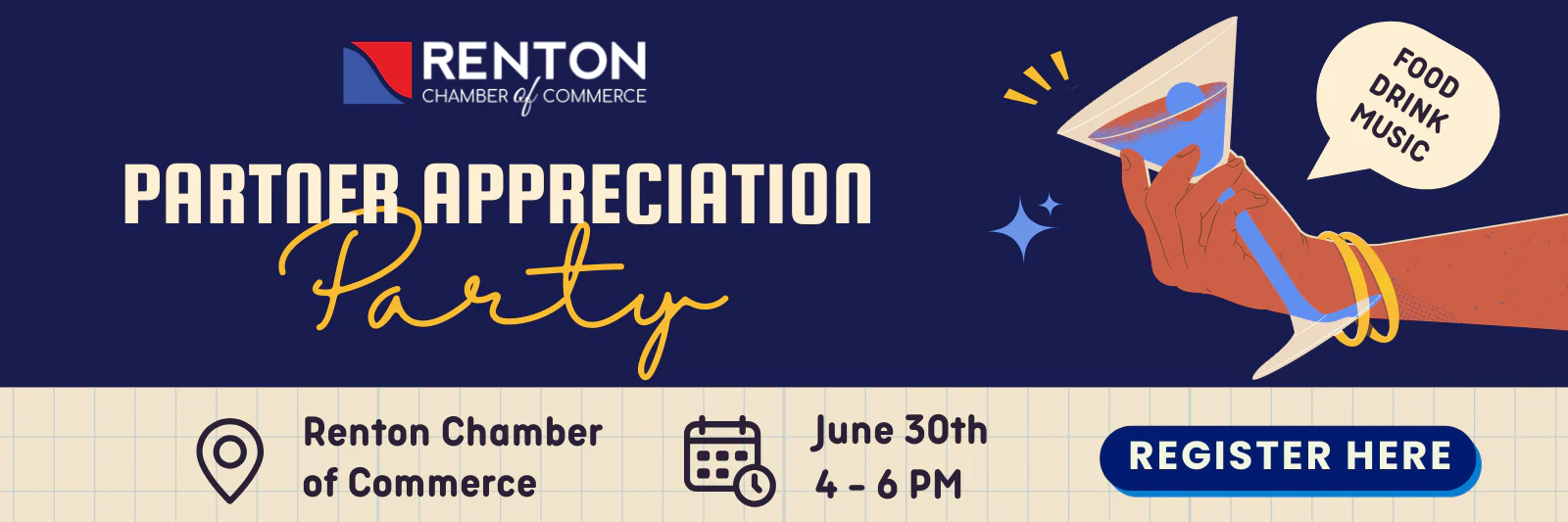 Renton Chamber Partner Appreciation Party banner with cocktail illustration, June 30 4–6 PM, Register button