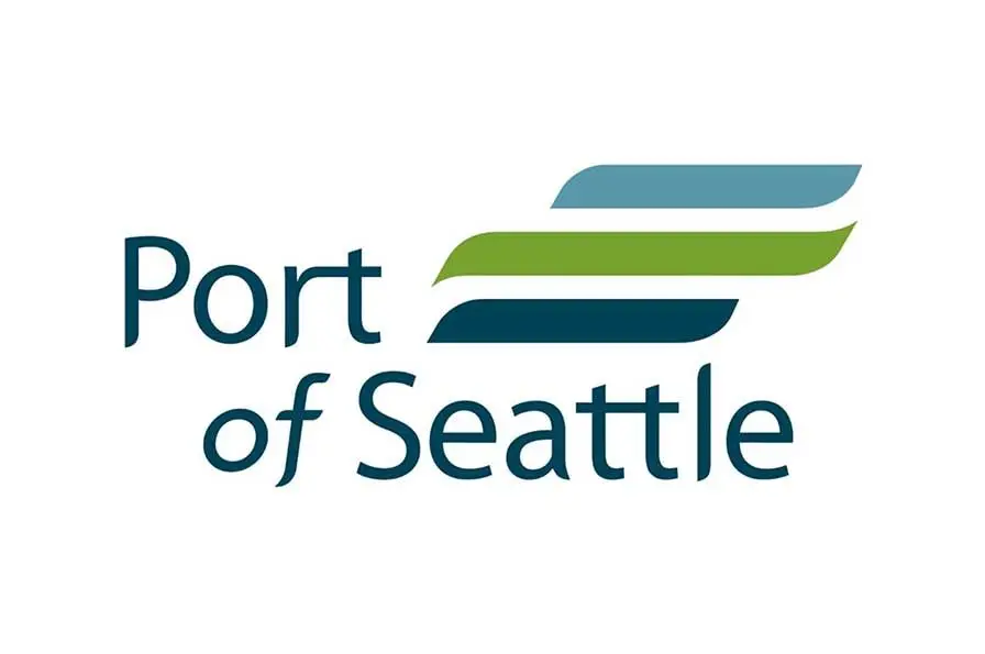Logo of Port of Seattle with three stylized, overlapping blue and green ribbons to the right of the text.