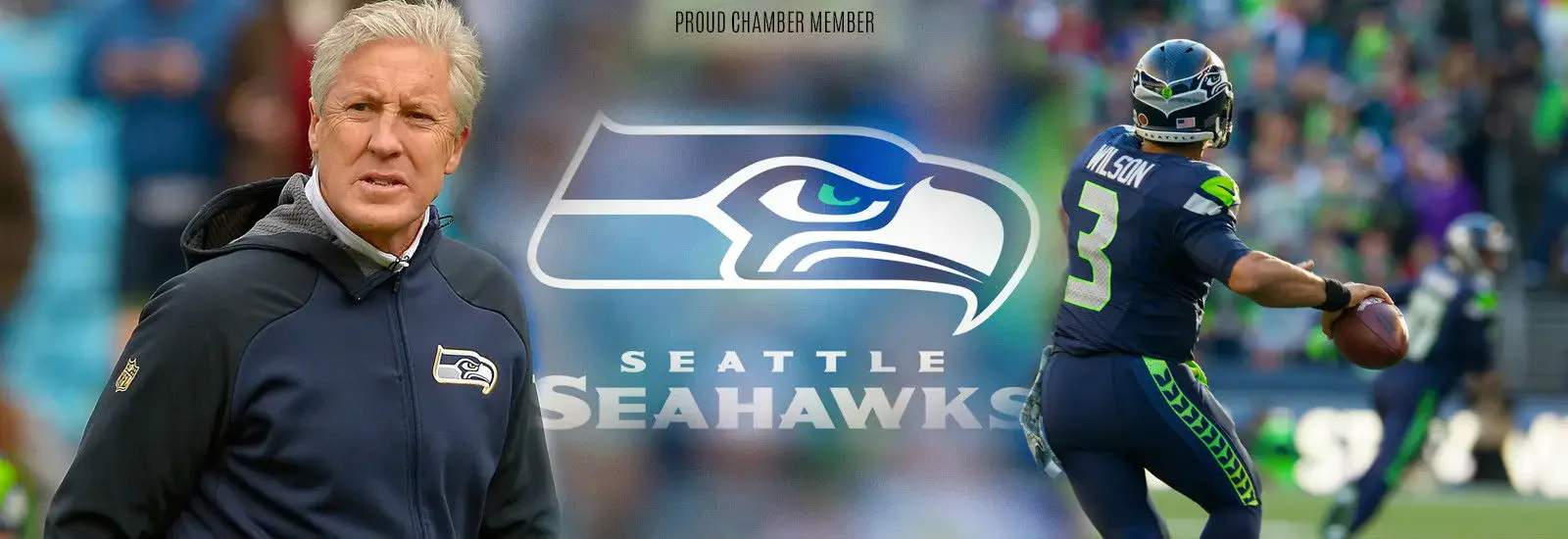 Seattle Seahawks collage featuring a coach in a team jacket, the Seahawks logo in the center, and a football player in uniform preparing to throw the ball during a game.