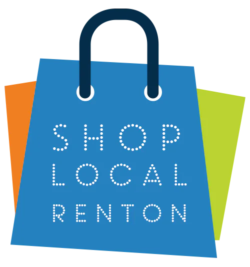Blue shopping bag graphic with Shop Local Renton in dotted white letters. The bag has orange and green sections peeking from behind, resembling additional bags.