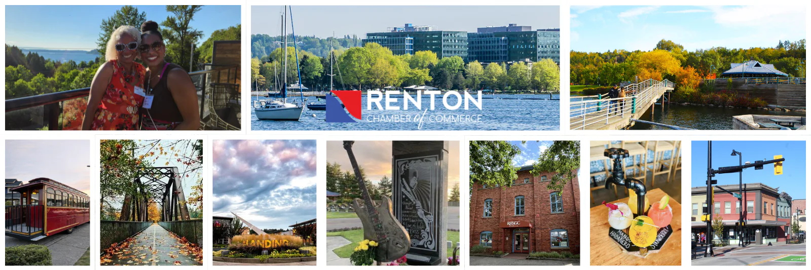 Collage of Renton, WA: waterfront marina with Renton Chamber of Commerce logo, park pier, historic buildings, bridge, trolley, drinks, people
