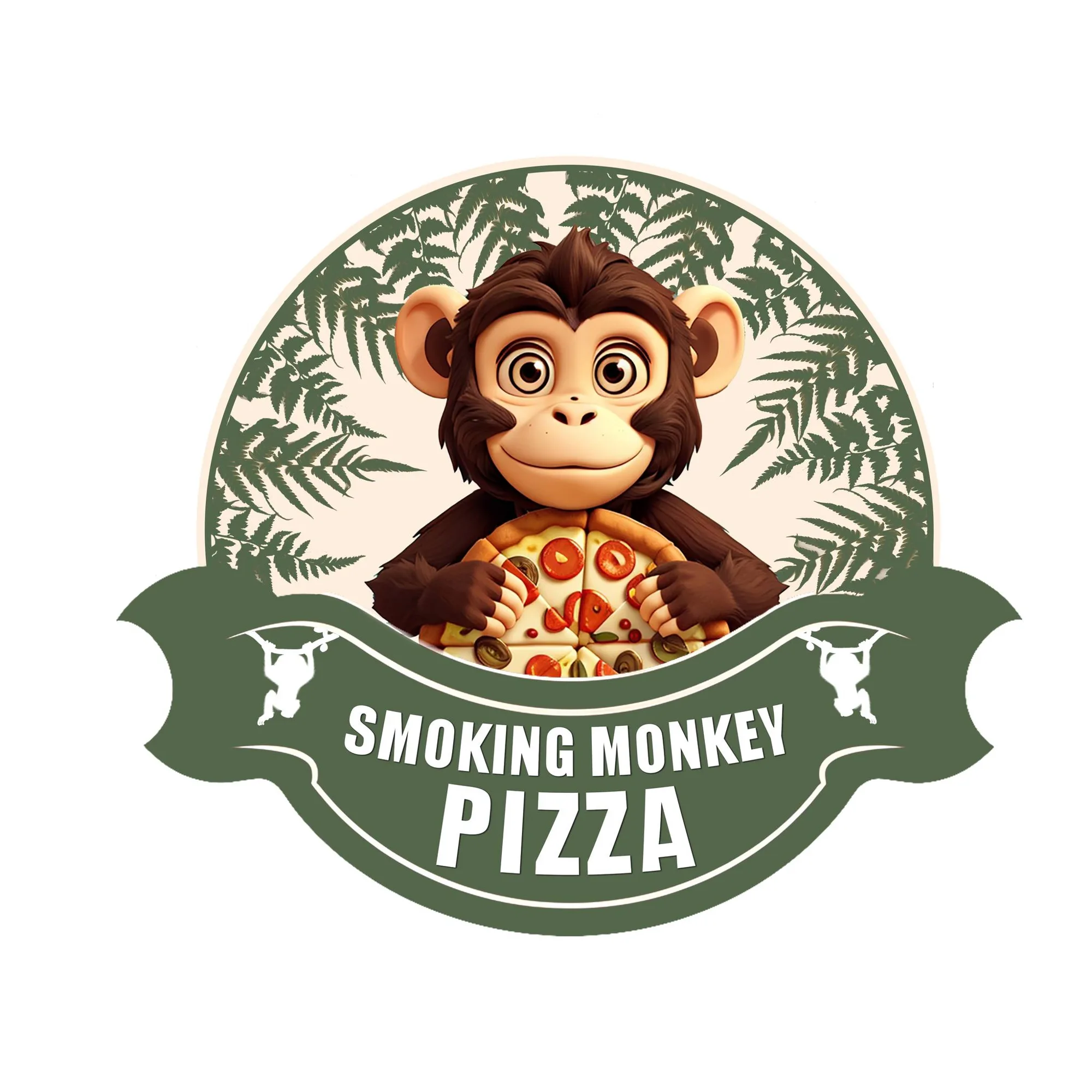 Logo of a smiling cartoon monkey holding a pepperoni and olive pizza inside a circular fern background with green banner reading Smoking Monkey Pizza