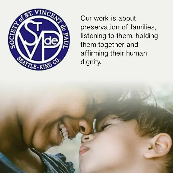 Blue logo of Society of St. Vincent de Paul, Seattle-King Co. Text: 