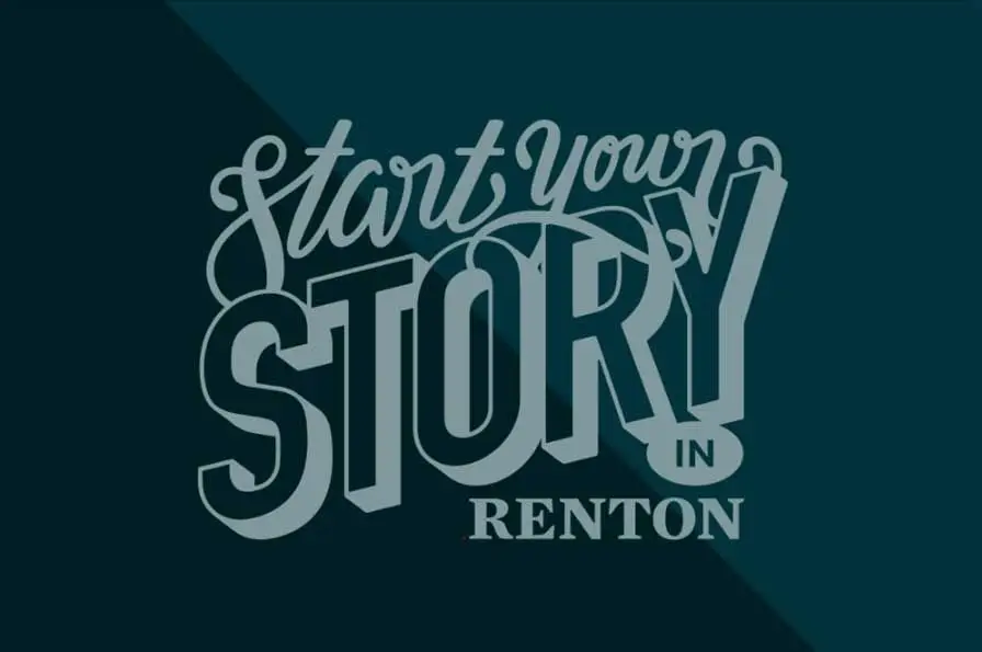 Stylized text reading Start Your Story in Renton on a dark teal background. The words Start Your are in a cursive font, while Story is bold and large.