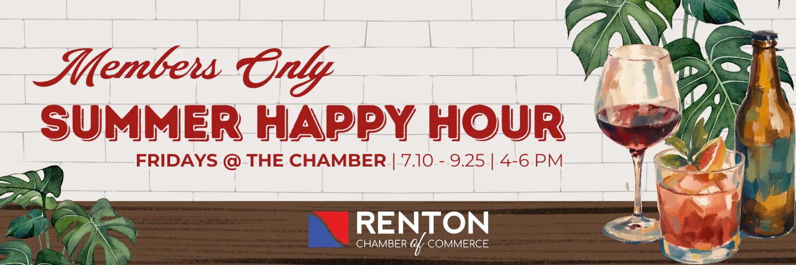 Banner reading 'Members Only Summer Happy Hour' with wine glass, cocktail, beer bottle, tropical leaves, and Renton Chamber logo