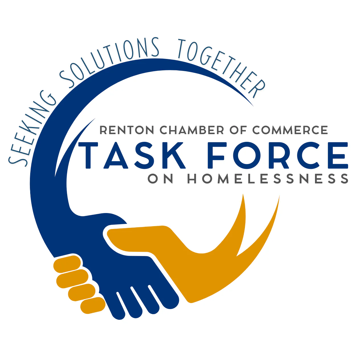 Logo for the Renton Chamber of Commerce Task Force on Homelessness. Features a blue and gold handshake forming a circle with the text Seeking Solutions Together.