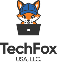 TechFox USA LLC logo: stylized orange fox wearing a blue cap working on a laptop above the company name