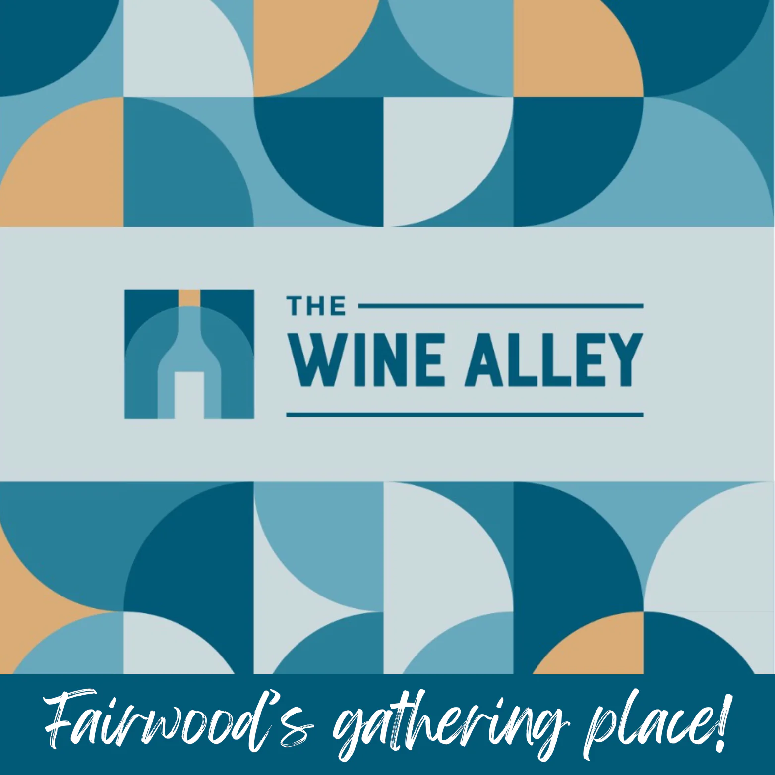 Logo for The Wine Alley with geometric shapes in blue and beige. Text reads 