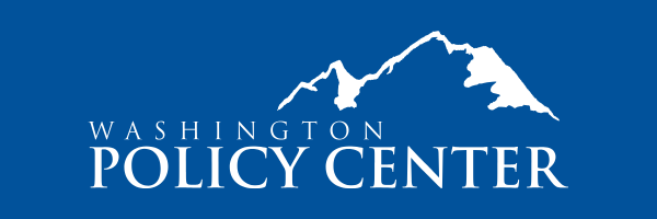White Washington Policy Center logo with a mountain silhouette on a blue background.