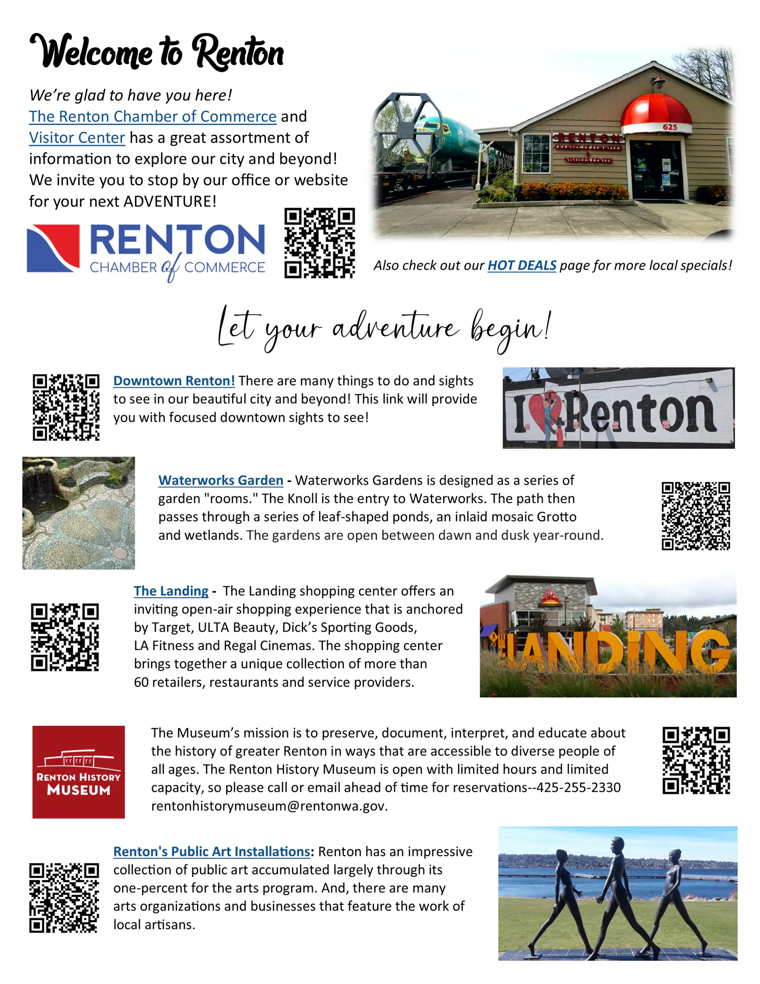 Welcome flyer for Renton, highlighting the Chamber of Commerce, downtown attractions, parks, the Landing shopping center, museum, and public art installations. Includes QR codes.