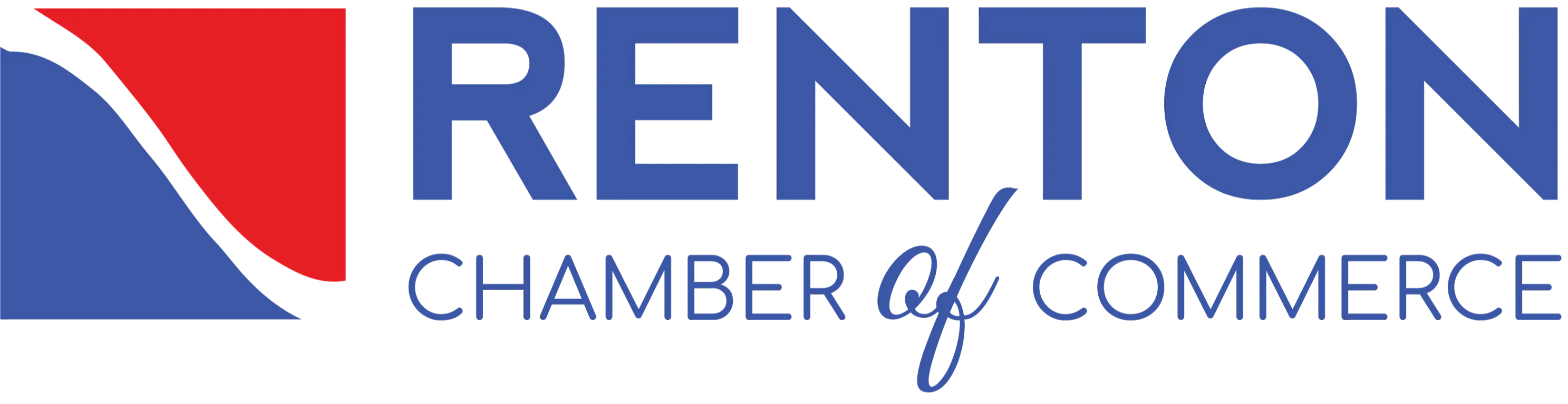 Logo of Renton Chamber of Commerce. It includes stylized blue and red shapes on the left and the text RENTON above CHAMBER of COMMERCE in blue on a white background.