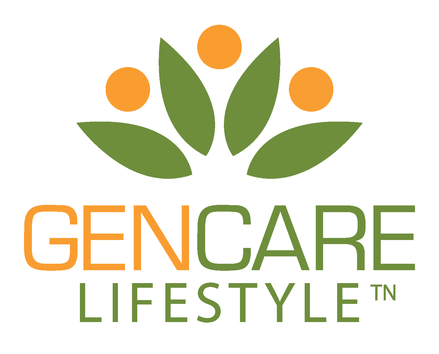 GENCARE LIFESTYLE logo: stylized green leaf cluster with three orange circles above, and the words GENCARE LIFESTYLE in orange and green