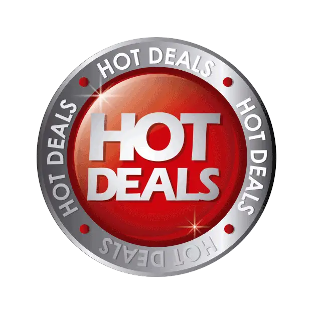 A round badge with a shiny red center displays the words HOT DEALS in bold white text. The silver border repeats HOT DEALS in white, separated by small red dots.