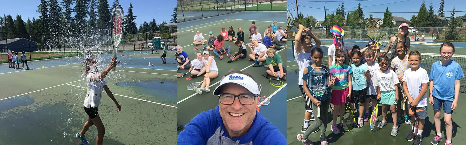 Children playing and having fun on a tennis court; one splashes water, a group poses for a selfie, and another group of kids stands with tennis rackets, smiling under a sunny sky.