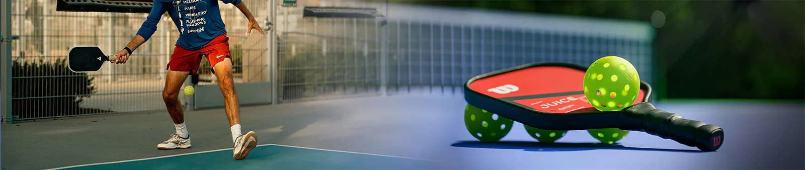 A person playing pickleball on a court, stepping forward to hit a ball. On the right, a pickleball paddle is seen resting on the ground with pickleballs nearby.