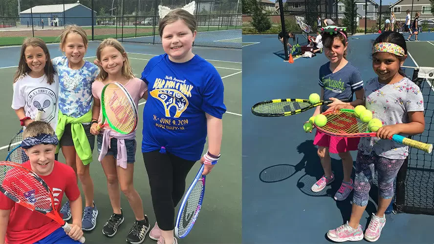 Children holding tennis rackets and posing on a tennis court in three different groups. They are smiling and dressed in casual athletic attire, some with headbands and accessories.