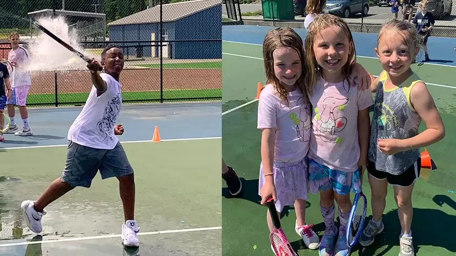 Children enjoying a tennis camp on outdoor courts. One swings a racket, three pose with rackets, and a group of five sit smiling, one balancing a ball on a racket.
