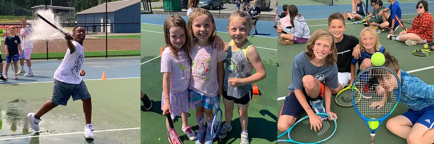 Children enjoying a tennis camp on outdoor courts. One swings a racket, three pose with rackets, and a group of five sit smiling, one balancing a ball on a racket.