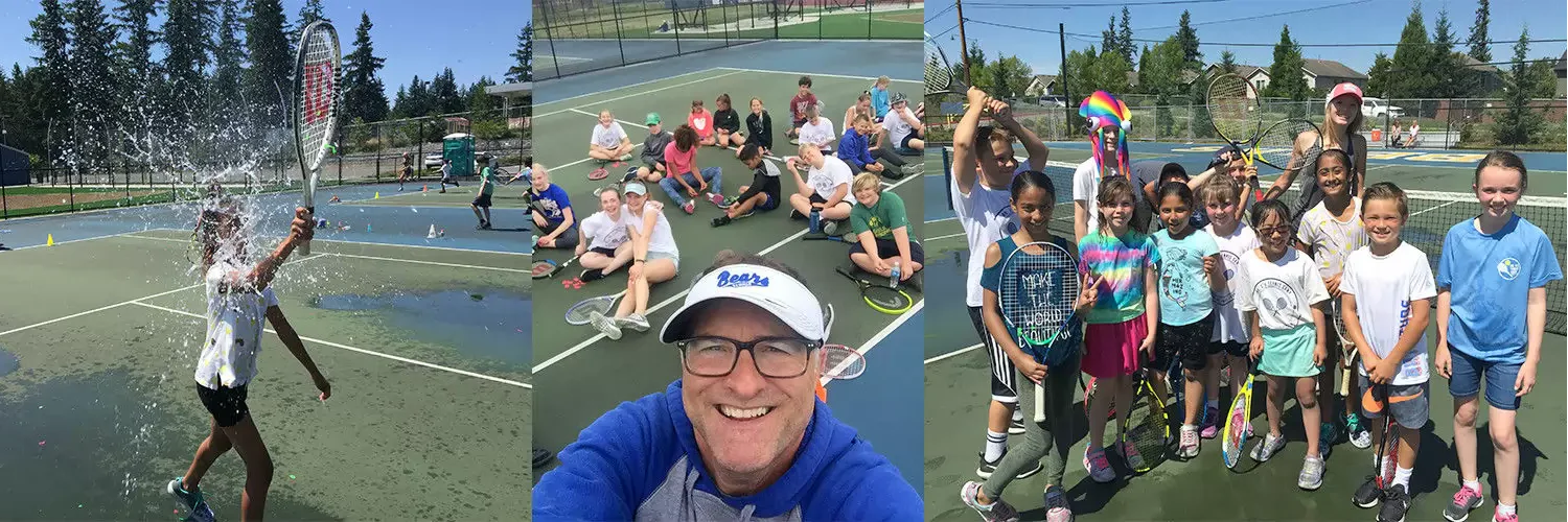 Children playing and having fun on a tennis court; one splashes water, a group poses for a selfie, and another group of kids stands with tennis rackets, smiling under a sunny sky.