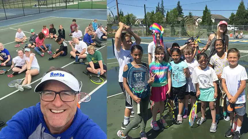 Children playing and having fun on a tennis court; one splashes water, a group poses for a selfie, and another group of kids stands with tennis rackets, smiling under a sunny sky.