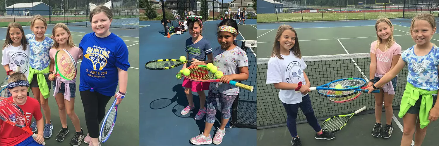 Children holding tennis rackets and posing on a tennis court in three different groups. They are smiling and dressed in casual athletic attire, some with headbands and accessories.