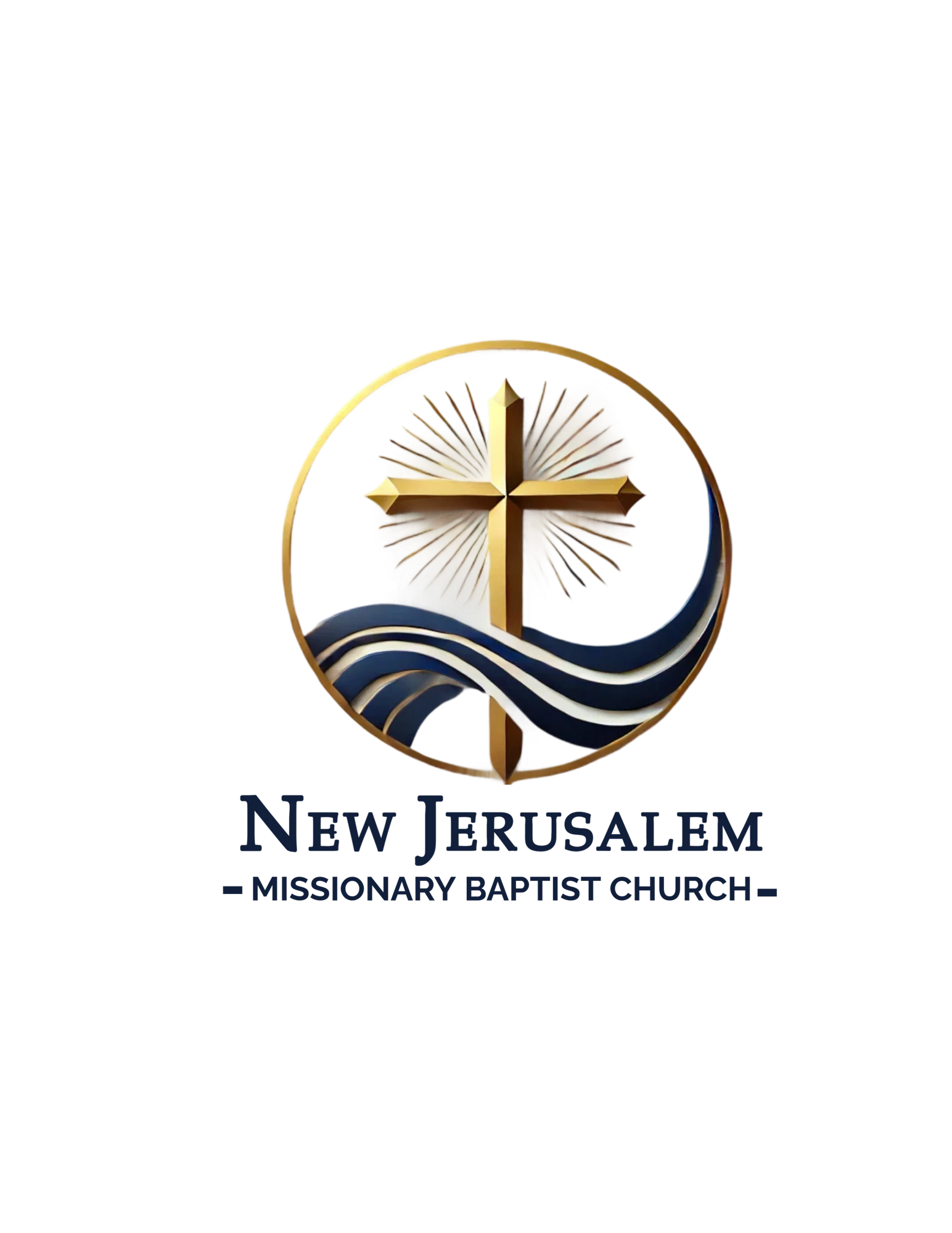 A circular logo features a gold cross with rays against a dark background, encircled by a gold and blue wave design. Below, the text reads 