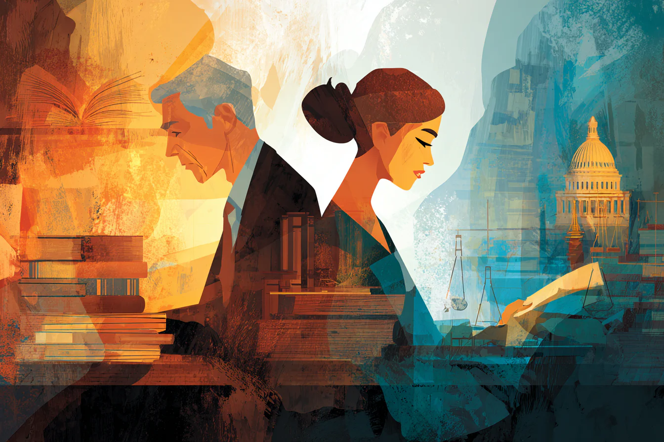 Abstract illustration of an older man and a younger woman back to back, surrounded by books and legal symbols, with warm tones on the left and cool tones on the right.