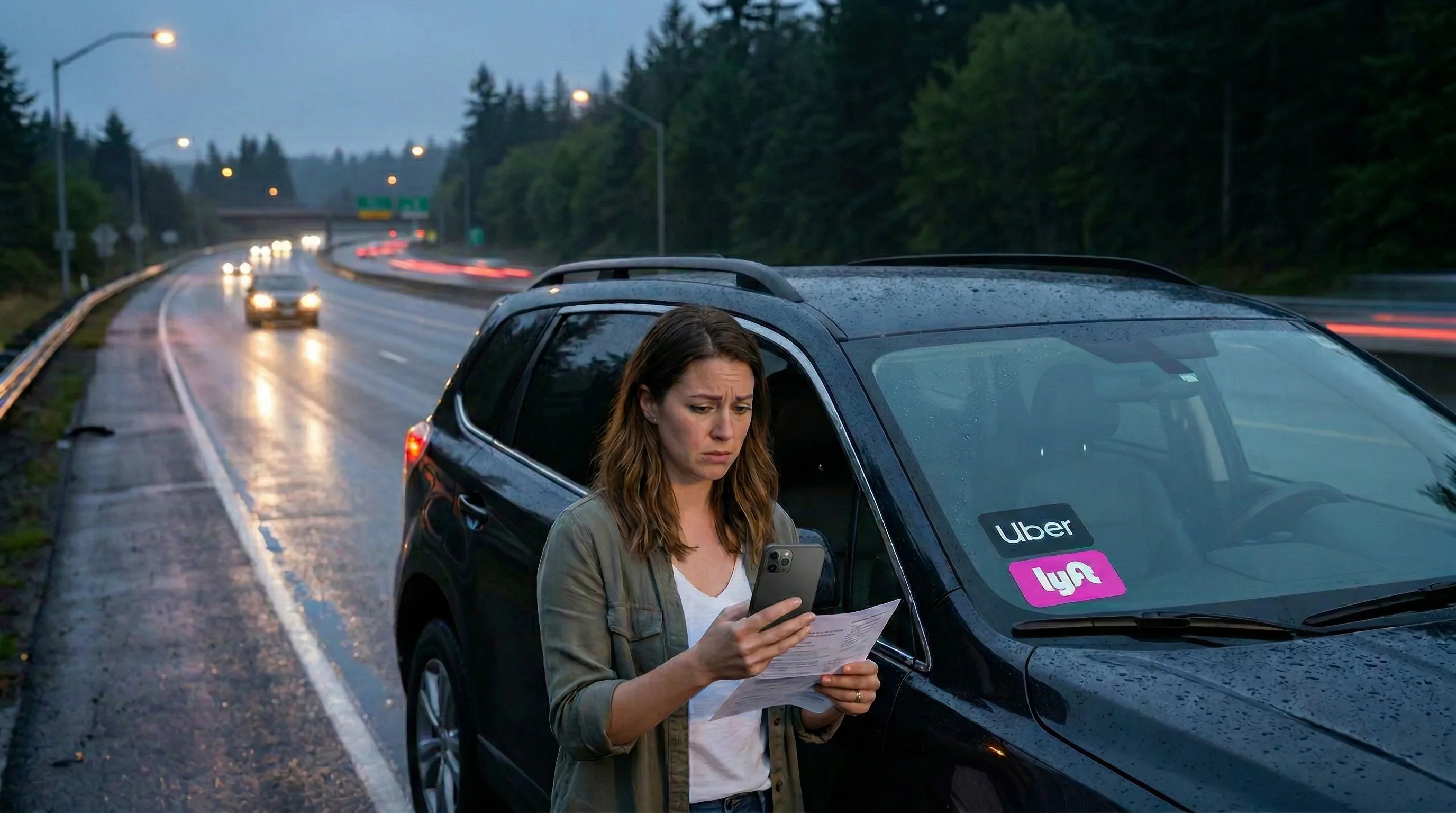 Woman standing by a car on a rainy roadside, holding a phone and paper with a concerned expression. The car has Uber and Lyft stickers on the windshield.