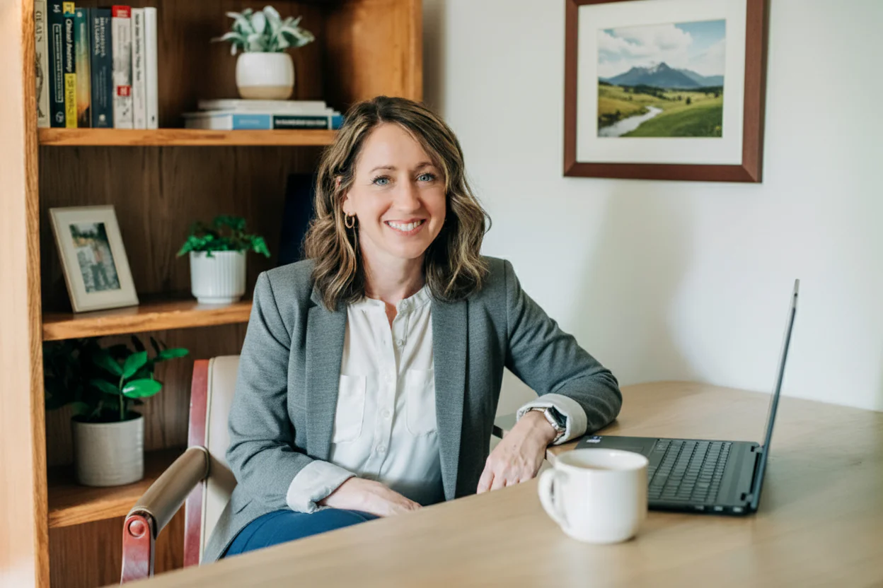 A woman in a blazer sits at a desk with a laptop and coffee mug. She's smiling, with a bookshelf and framed landscape photo in the background.