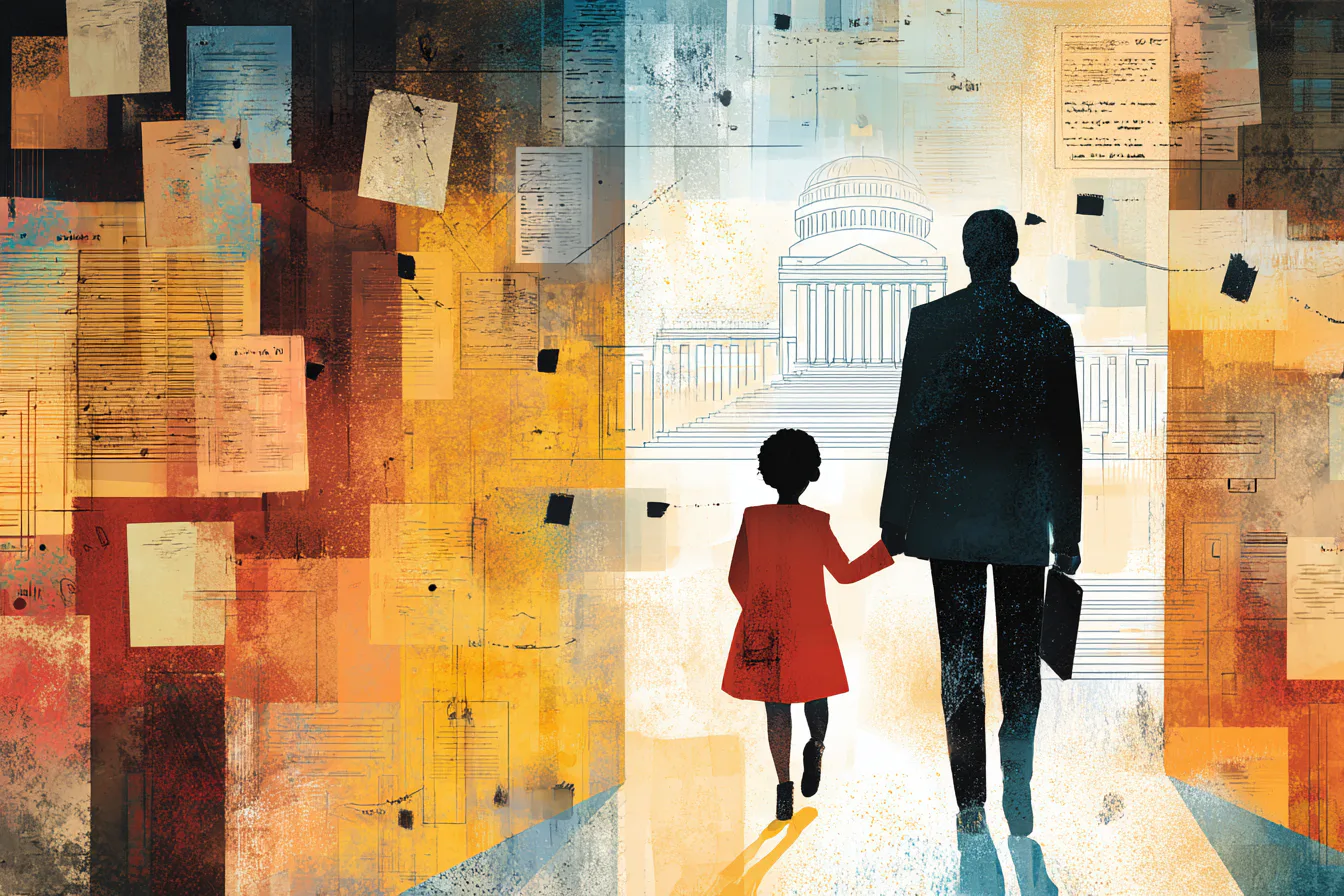 Silhouette of an adult and child, holding hands, walking towards a government building. Background filled with floating documents and a warm color palette.