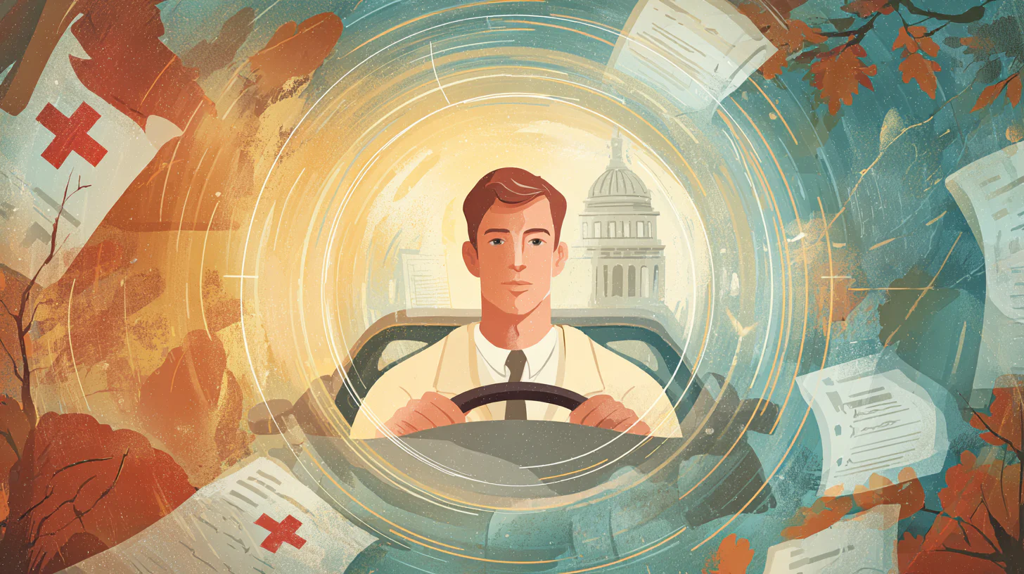 Illustration of a man driving with a calm expression. Surrounding him are swirling documents and leaves, with a healthcare cross and a government building in the background.