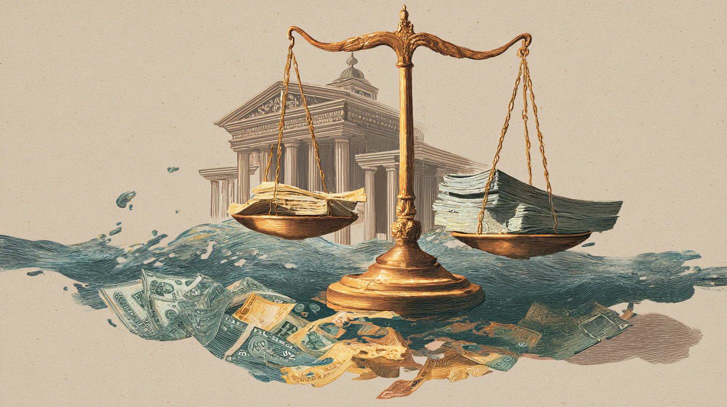 Antique scales balance stacks of money, set against a classical bank building. Loose bills are scattered below, depicting financial concepts and justice.