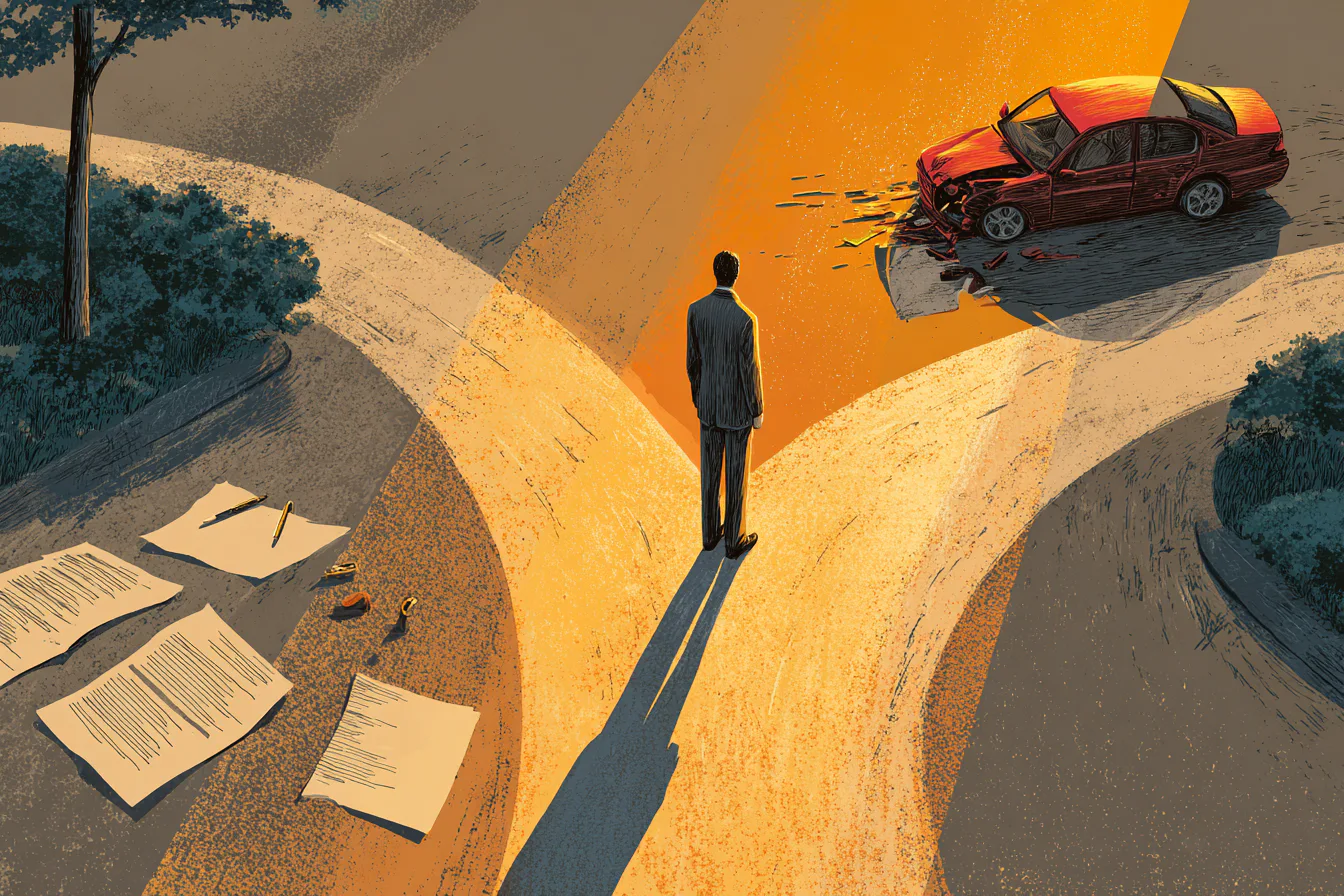 A person stands at a crossroads, facing a wrecked red car on one path. Papers and pens lie scattered on the other path, with trees lining both sides, symbolizing a choice.