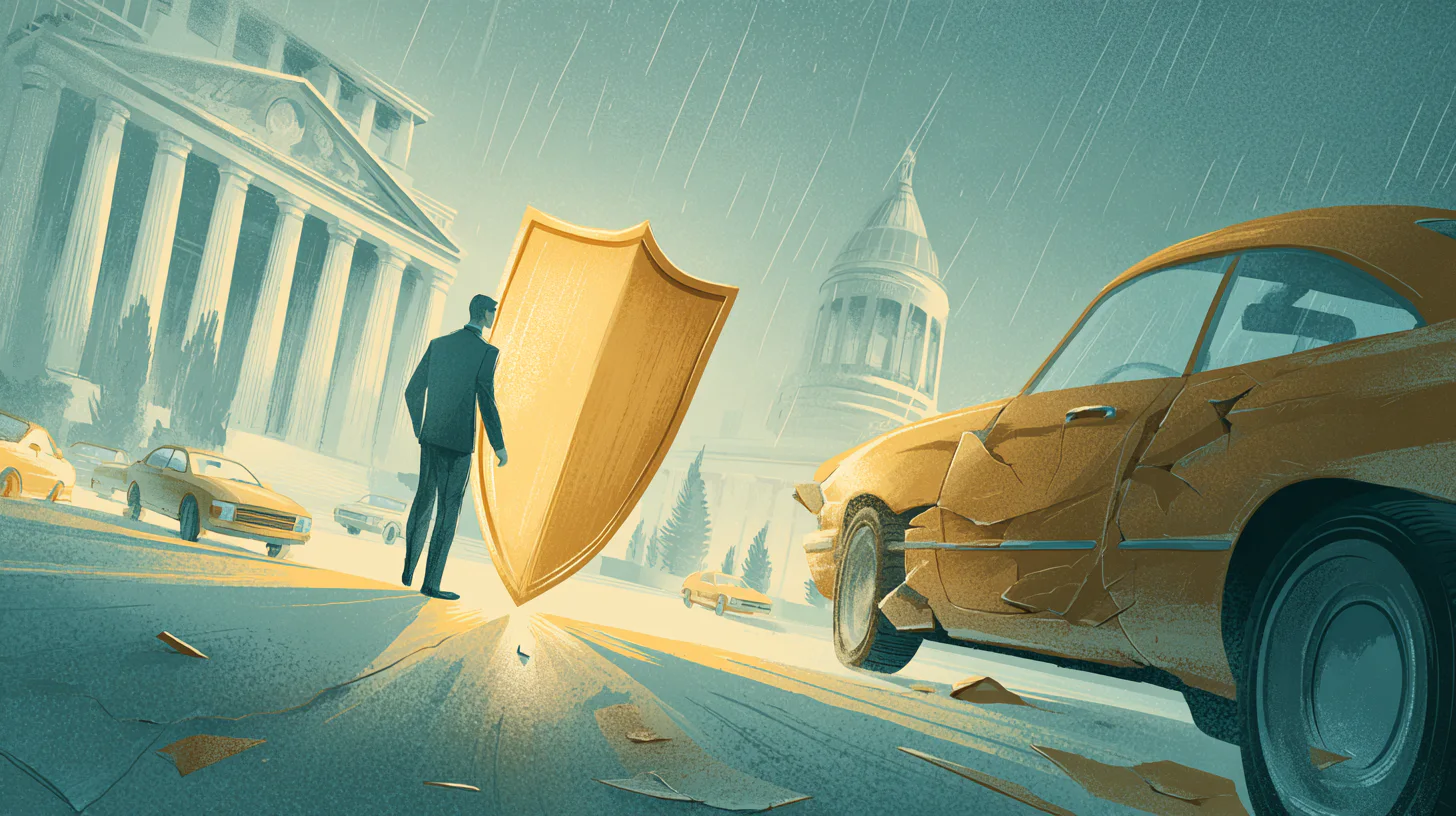 A man holds a glowing shield on a rainy street, protecting against a damaged car. Government buildings in the background suggest themes of security and protection.