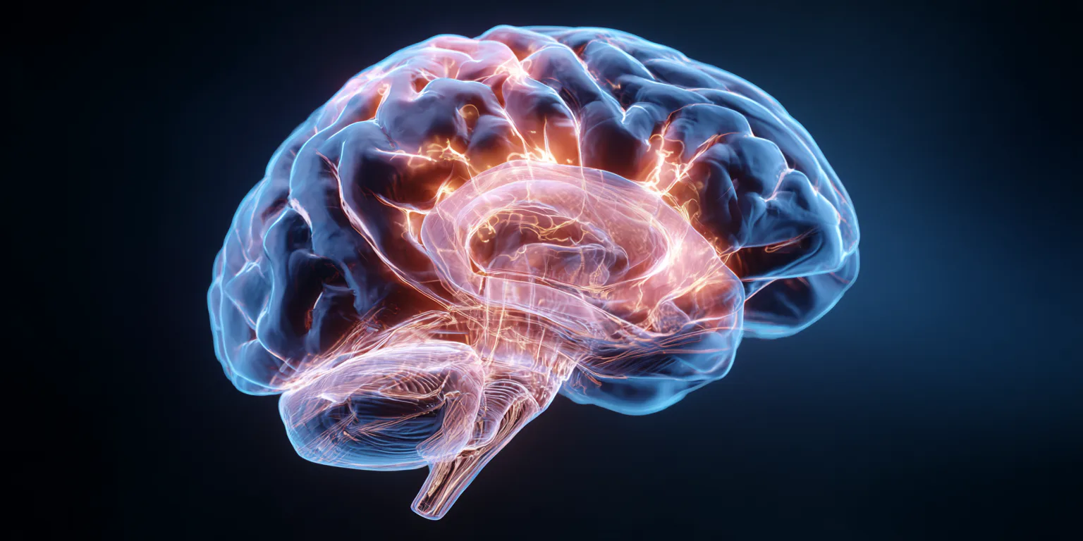 Transparent 3D rendering of a human brain, highlighting neural pathways and lighting effects in blue and orange, against a dark background.