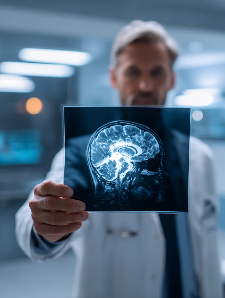 A doctor in a white coat holds up a brain scan image in a medical setting. The MRI scan is detailed and the doctor's face is out of focus in the background.