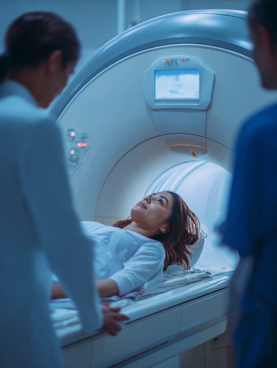 A patient lies on a bed, entering an MRI machine. Two medical staff members stand nearby, one blurred in the foreground, overseeing the procedure in a dimly lit room.